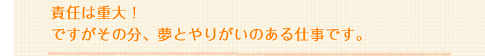 責任は重大！ですがその分、夢とやりがいのある仕事です。